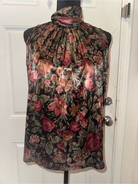 Vintage Mock Neck Floral Satin Camisole in Black and Rose 0578